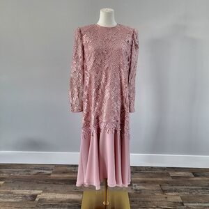 Vintage 80s Does 20s Dusty Rose Lace Flapper 1920s Style Downton Abbey Dress